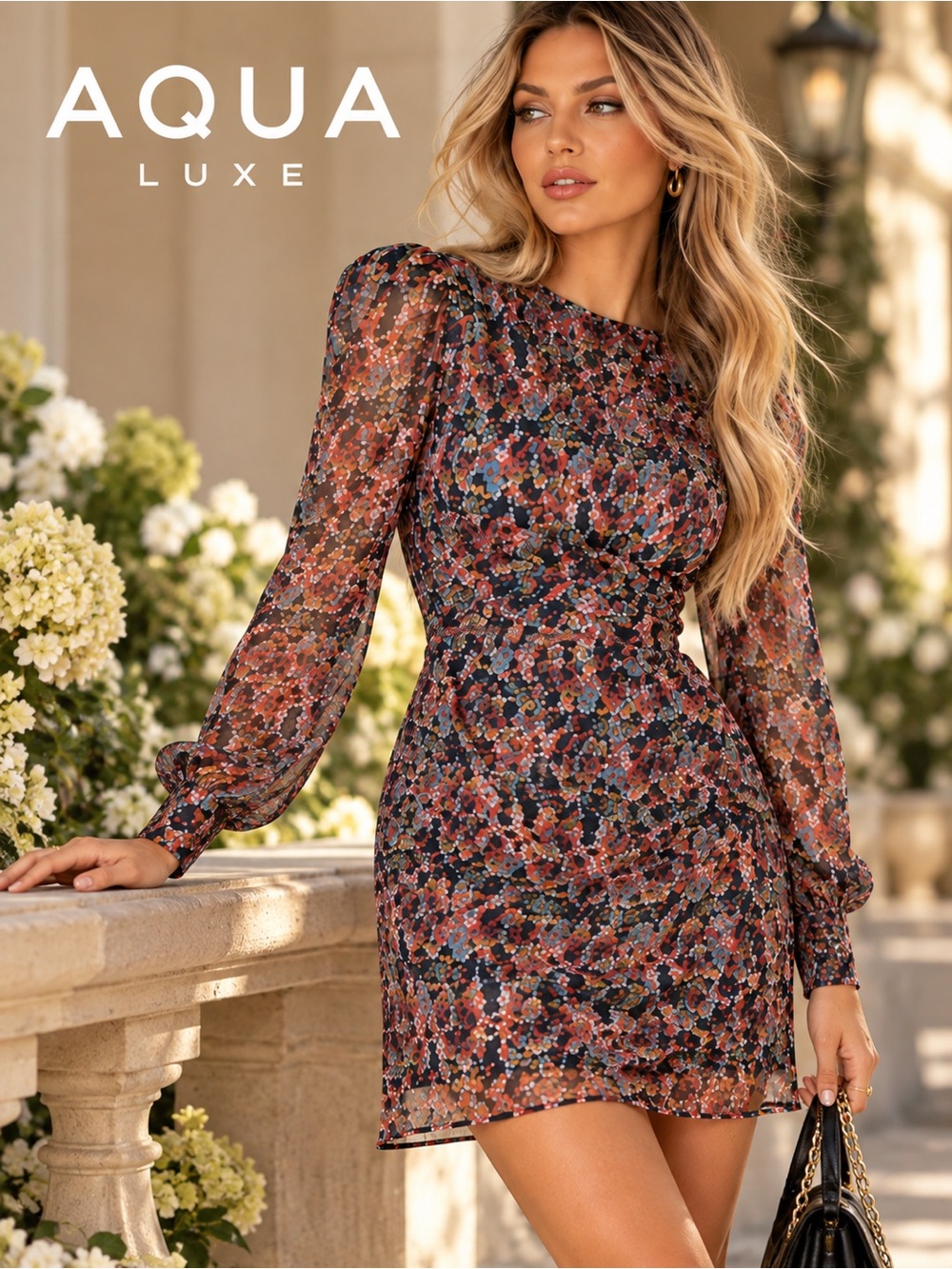 AQUA Luxe NWT Floral Sheer Sleeve Ruched Mini Cocktail Dress Size L